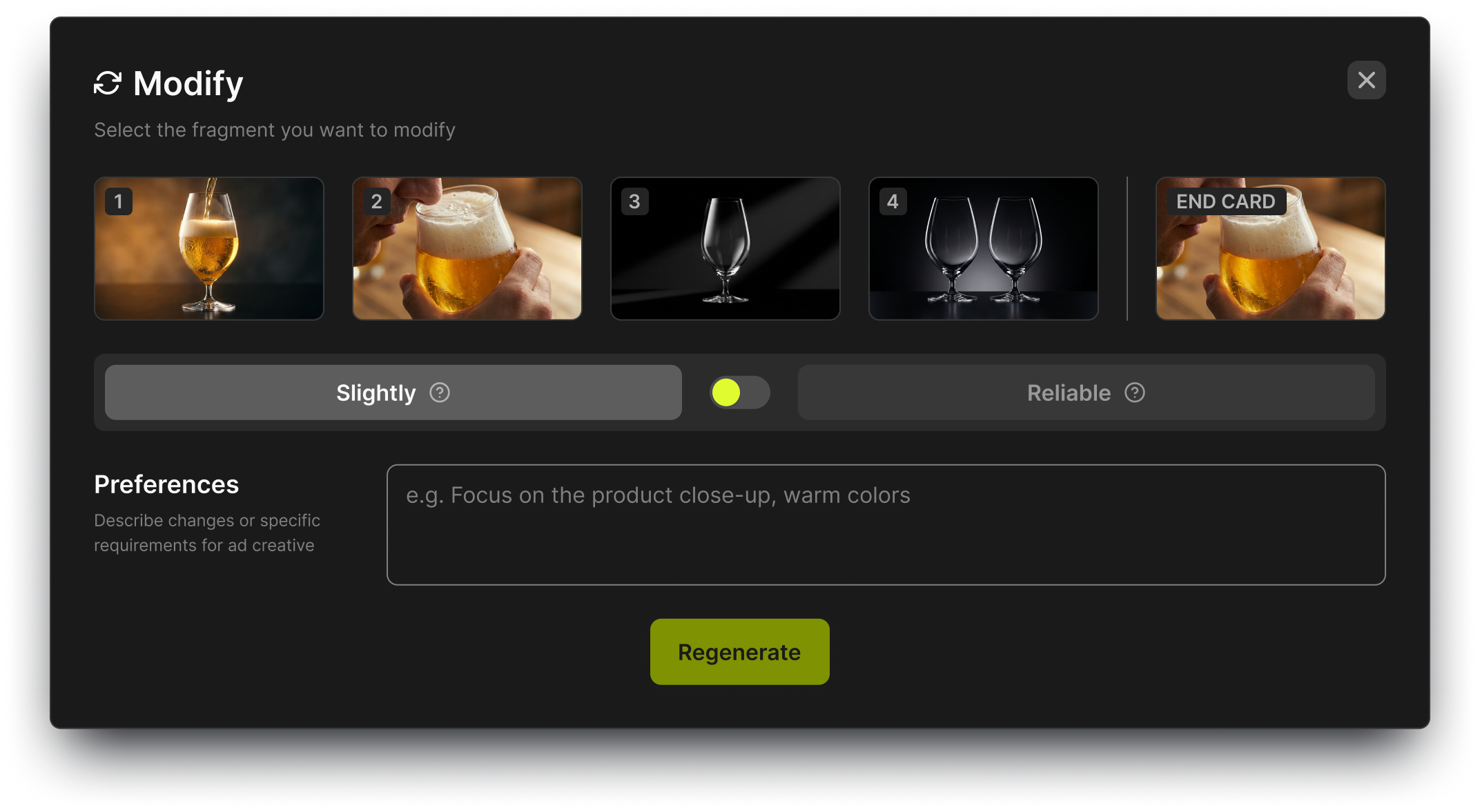 AdStar modify dialog: pick a fragment of the creative and regenerate it
