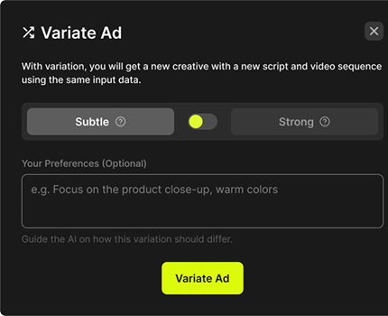 AdStar variation dialog: generate different versions of the same ad