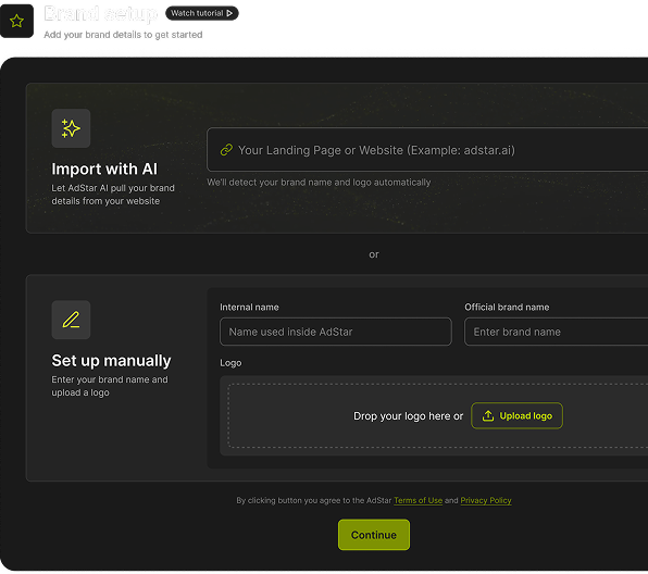 AdStar brand setup screen